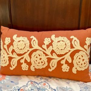 Orange Accent Pillow with Off White Lace D…